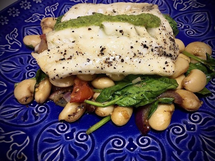 Coriander Pesto-Coated Pan-Seared Fish with Tomatoes and Beans